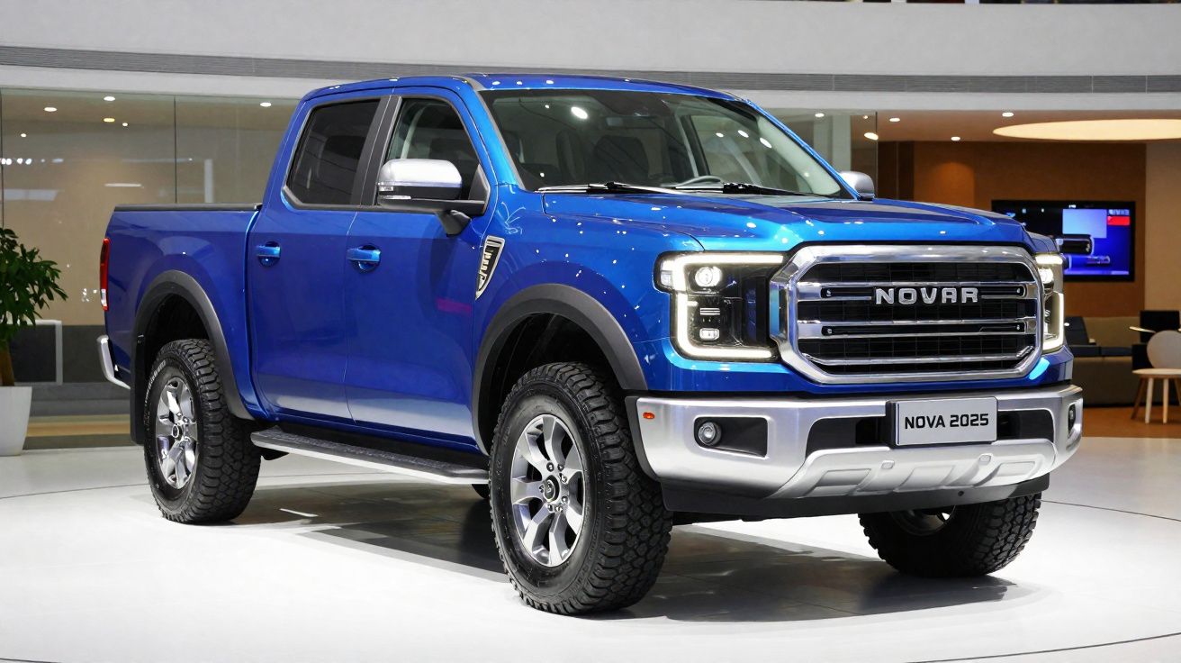 Blue Nova 2025 pickup truck displayed indoors with modern grille and rugged tyres.