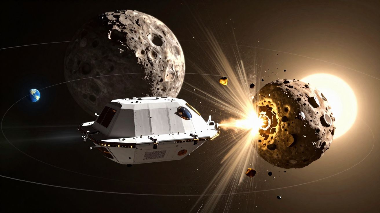 Spacecraft firing a laser beam to break apart an asteroid with Earth and the Moon in the background.