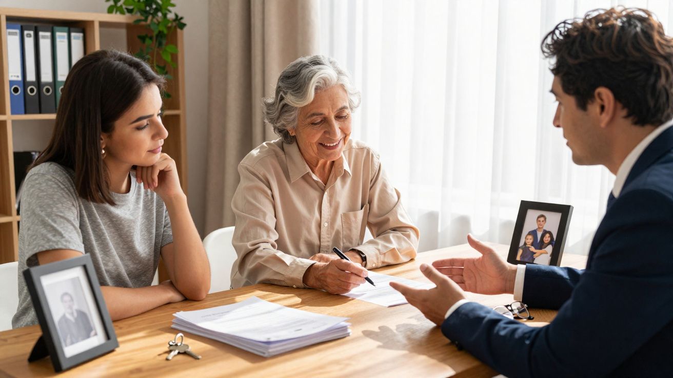 Three people discussing documents at a table in a bright office with family photos and files.