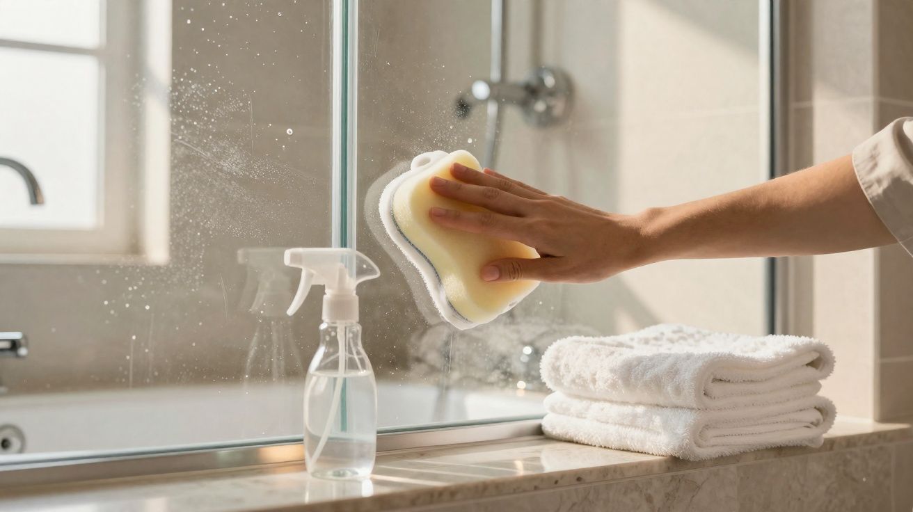 Hand cleaning a bathroom mirror with a sponge, spray bottle and folded white towels nearby.