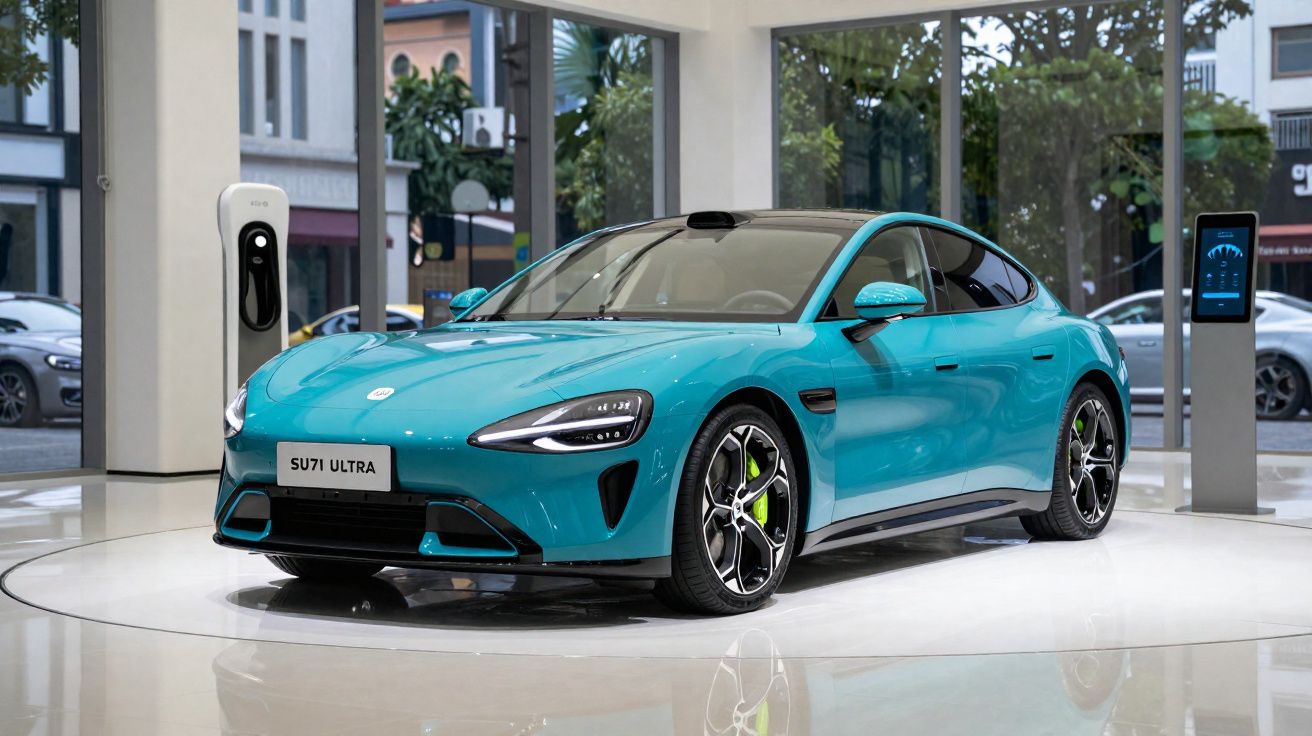 Teal electric sports car displayed indoors with charging stations and large windows in the background.