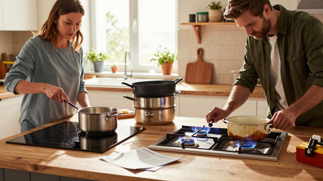 Couple cooking together in a bright kitchen, stirring pots on electric and gas stovetops.
