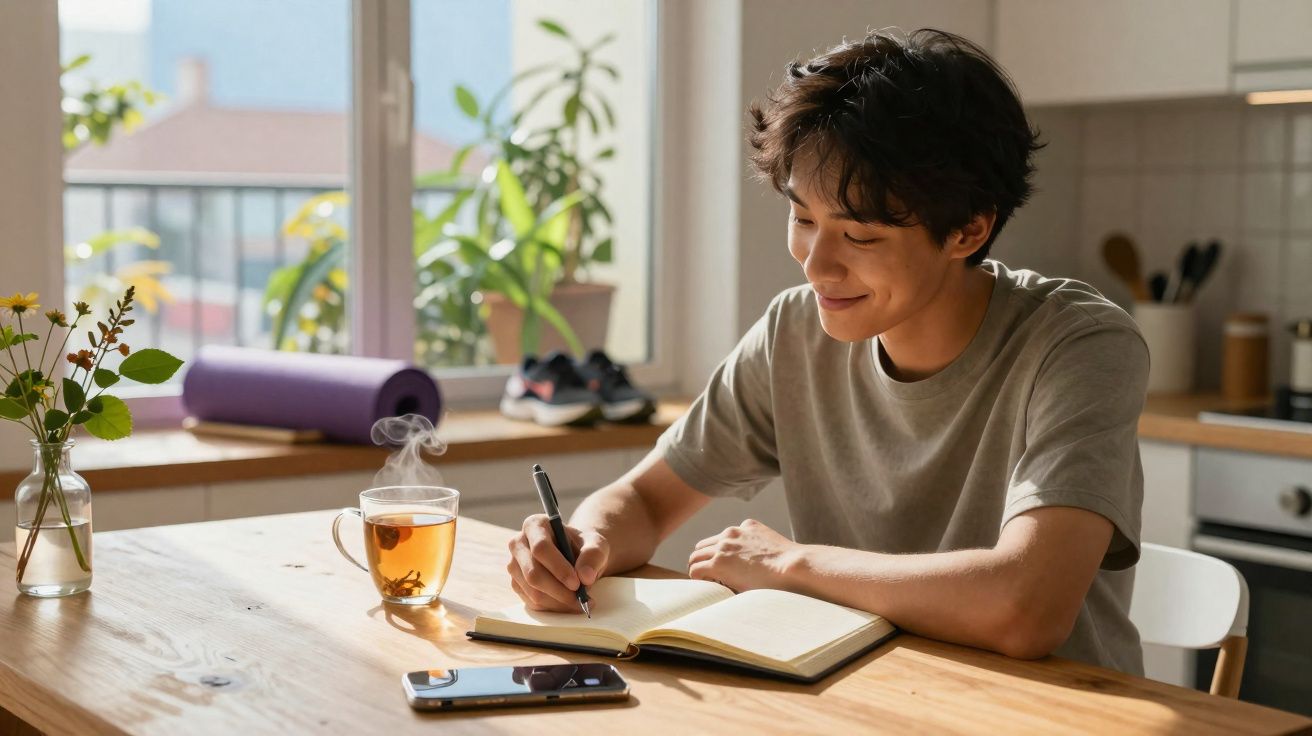 Young man writing in notebook at wooden table with cup of hot tea and smartphone in bright kitchen.