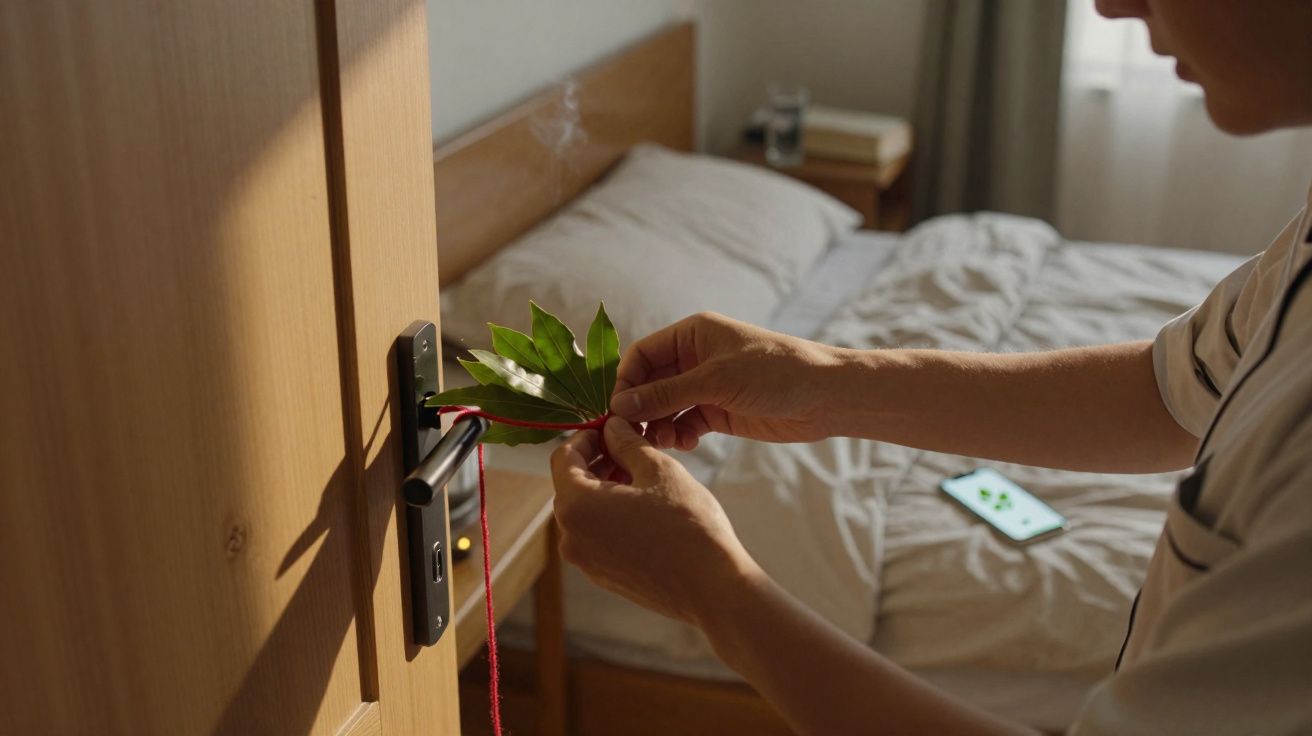 Person tying a green leaf to a hotel room door handle with a red string, bed and phone in the background.