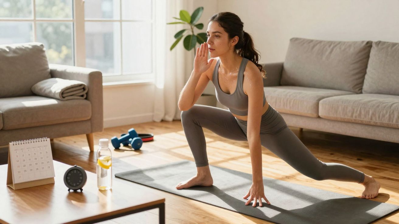 Woman in sportswear stretching on a yoga mat in a sunlit living room with dumbbells and water bottle nearby.
