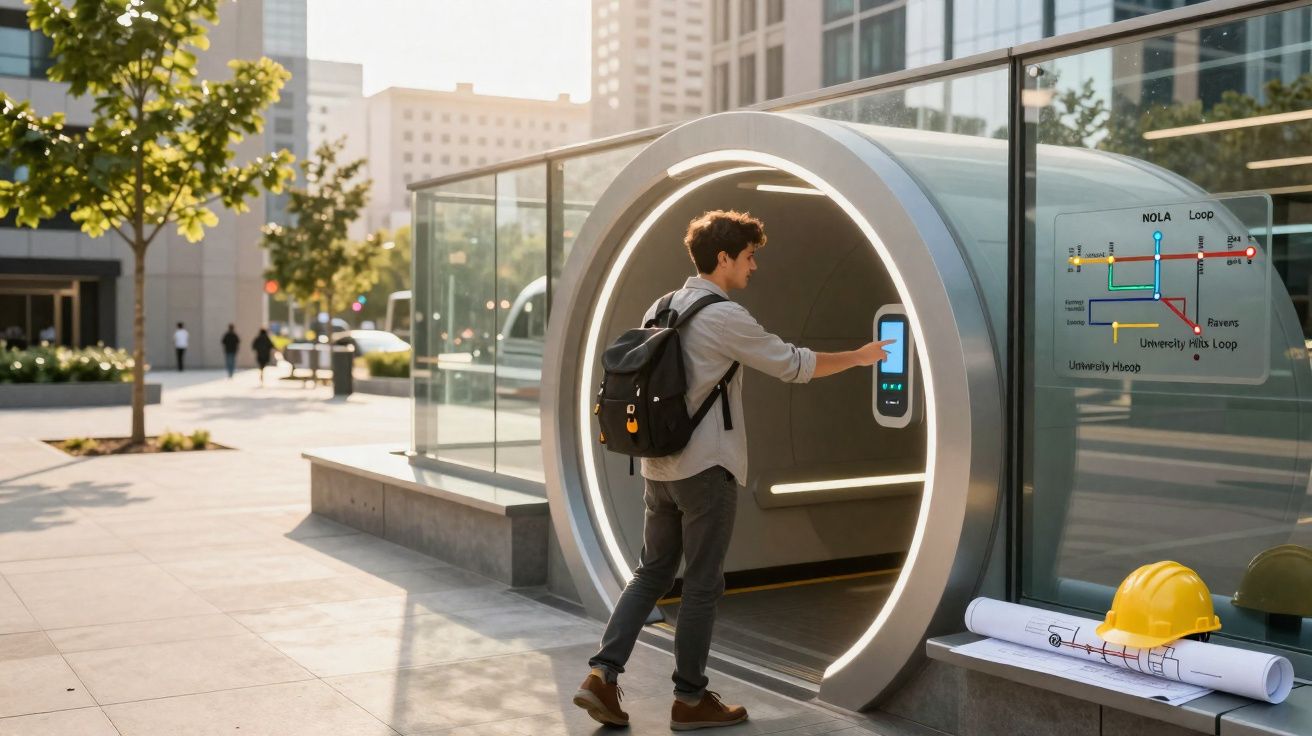 Young man with backpack using touchscreen at futuristic underground tunnel entrance in city plaza at sunset