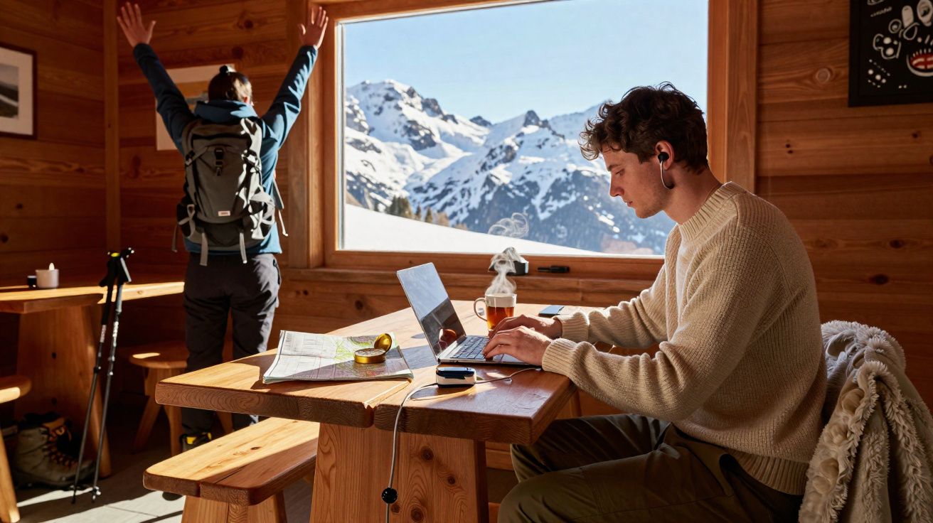 Man working on laptop inside wooden cabin while woman with backpack enjoys snowy mountain view outside window.