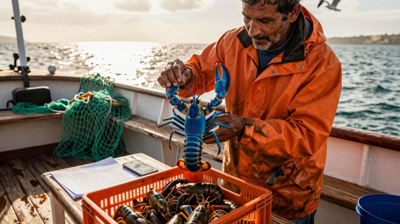 Fisherman in orange jacket holding a blue lobster over a crate of lobsters on a boat at sea.
