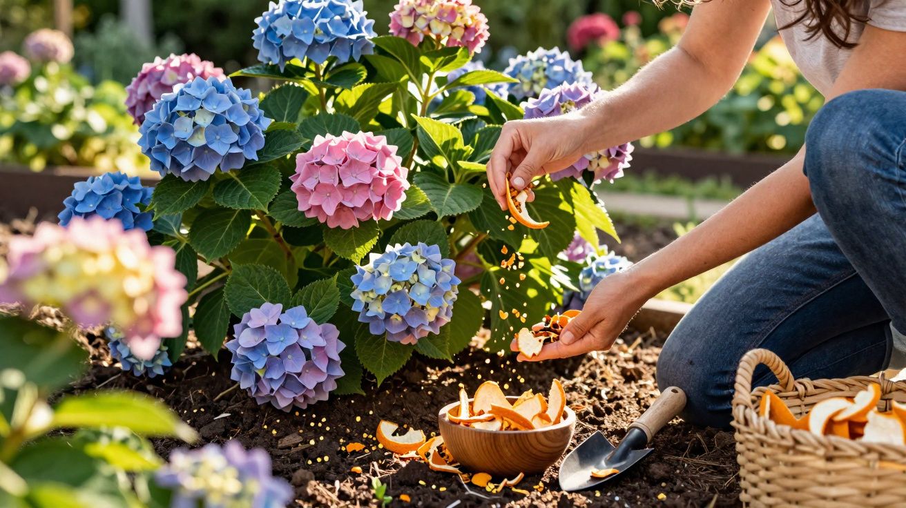 Person sprinkling orange peels around colourful hydrangea flowers in a garden bed for natural pest control.