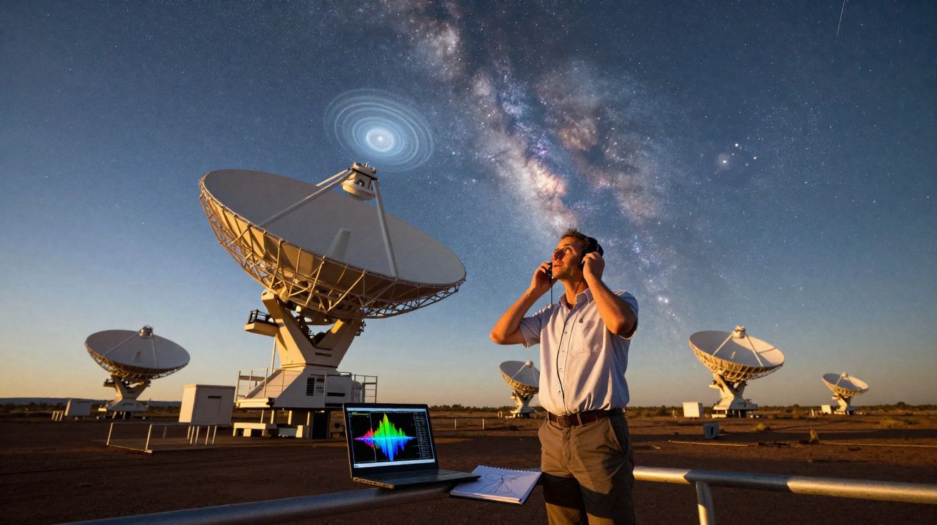 Scientist with headphones near radio telescopes under a starry sky and the Milky Way.