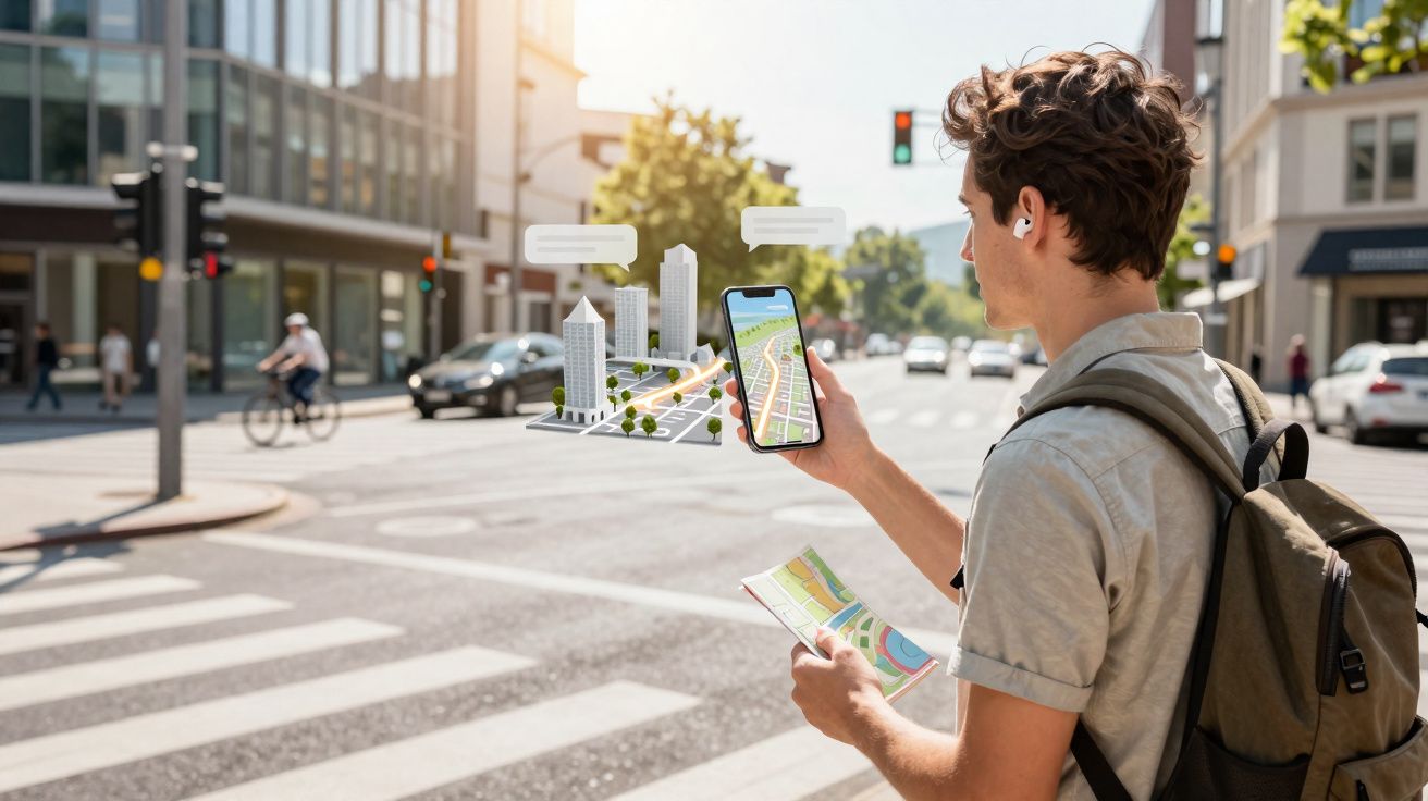 Young man with backpack using smartphone navigation app and paper map at city crosswalk in daylight.