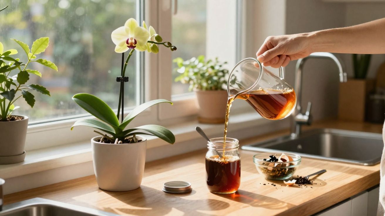 Hand pouring tea into a glass jar on a kitchen counter with potted plants by the window.