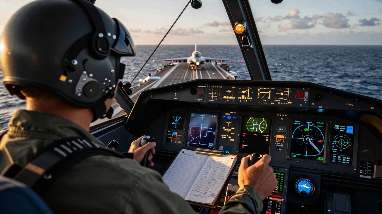 Pilot in helmet controls aircraft landing on an aircraft carrier over the ocean at sunset.