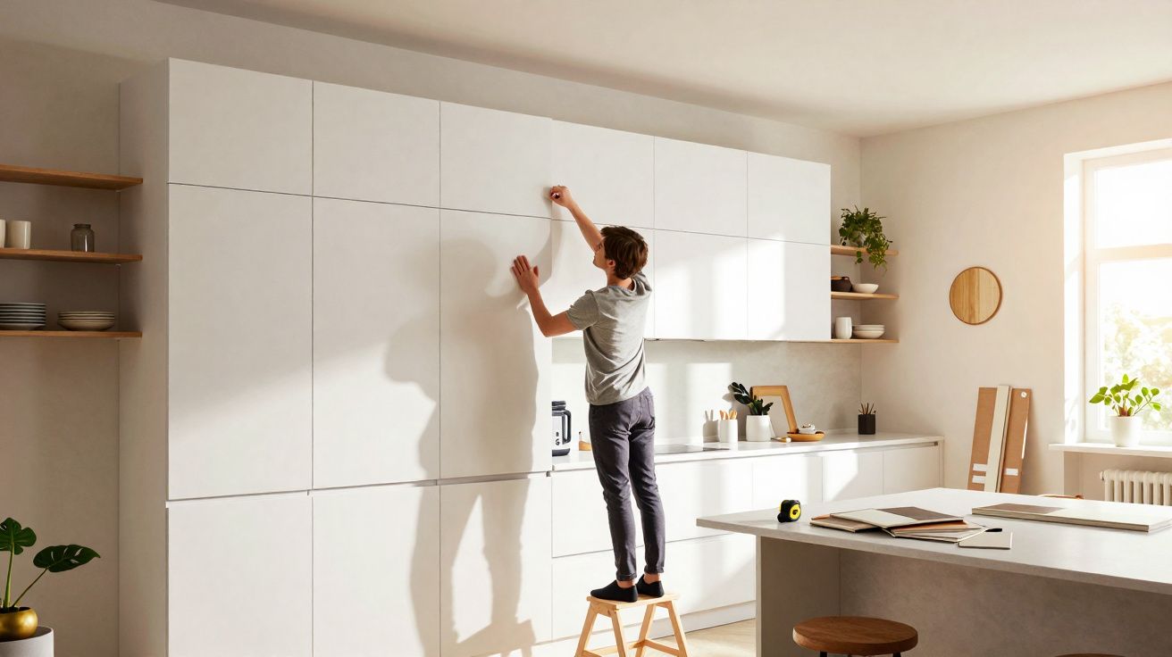 Person standing on a stool reaching up to open a tall white kitchen cabinet in a bright modern kitchen.
