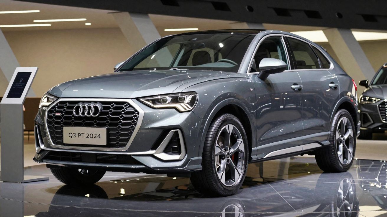 Silver 2024 Audi Q3 PT compact SUV displayed indoors on a reflective floor, viewed from front side angle.