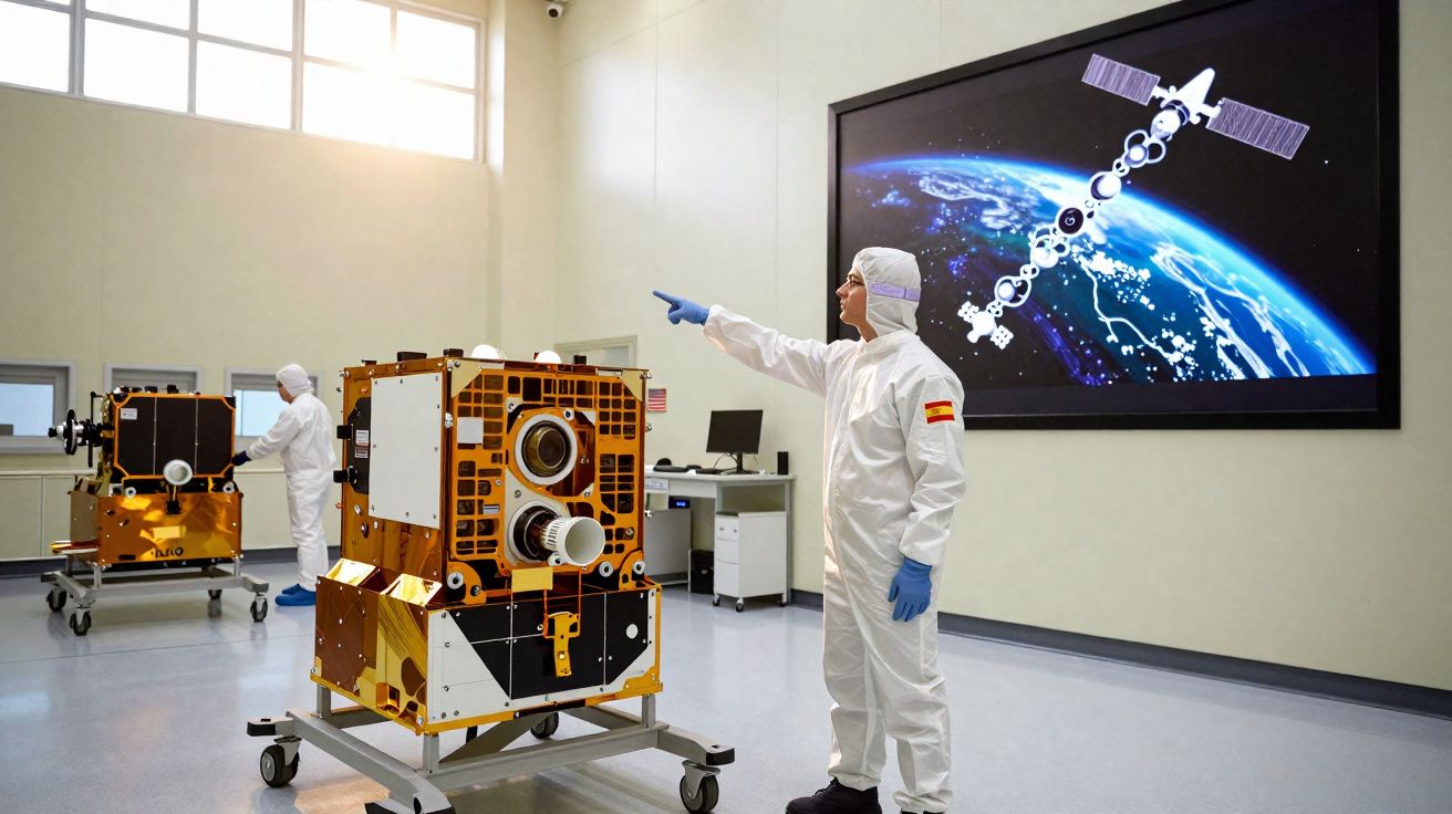 Scientist in cleanroom suit pointing at satellite model with Earth and satellite diagram on screen behind.