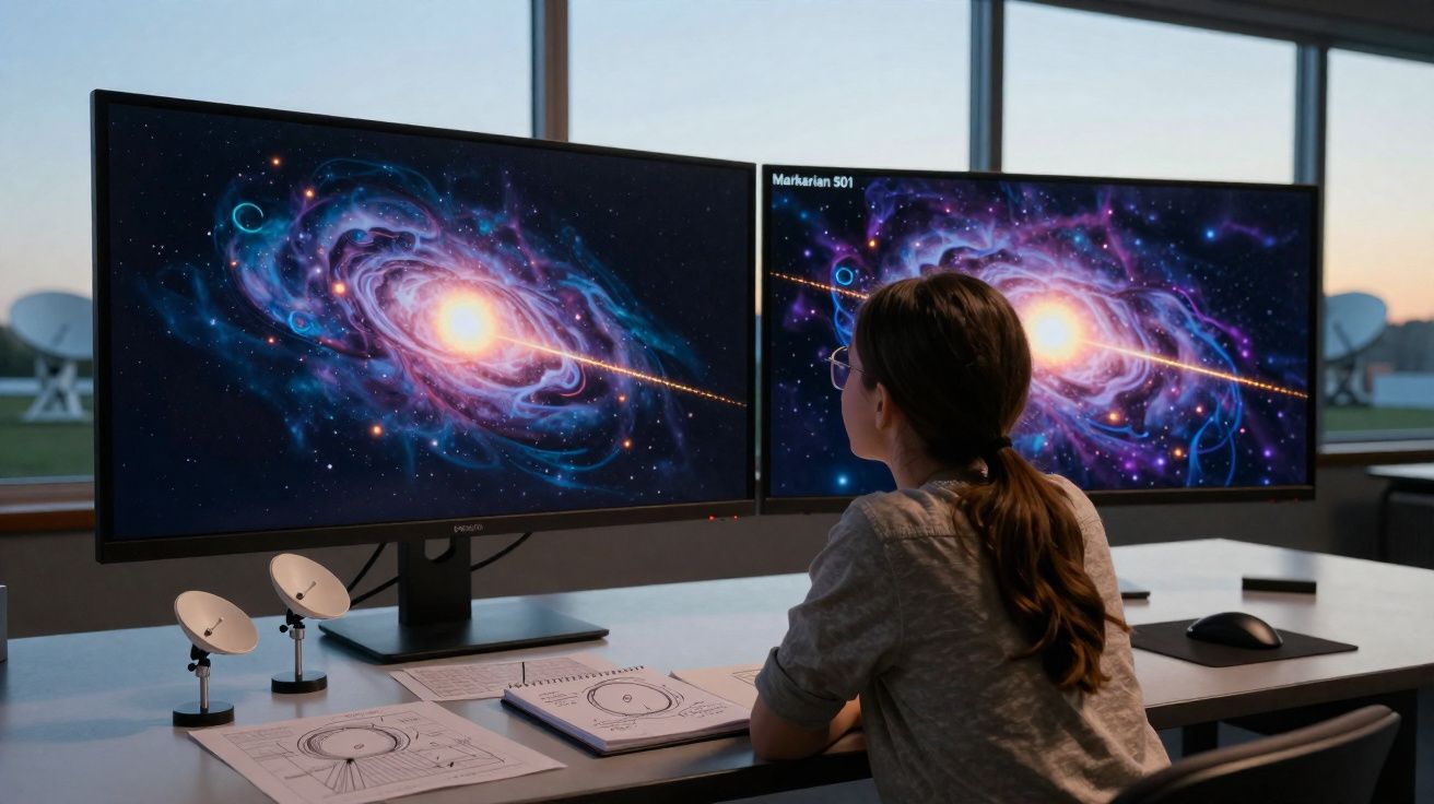 Person studying a galaxy image on dual monitors with astronomy diagrams and satellite models on the desk