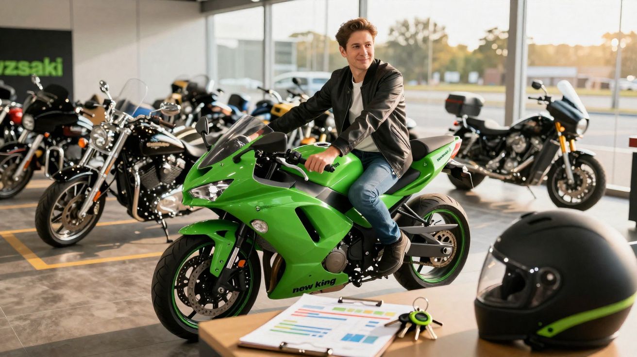 Young man in a leather jacket sitting on a green sports motorcycle inside a showroom with other bikes around.