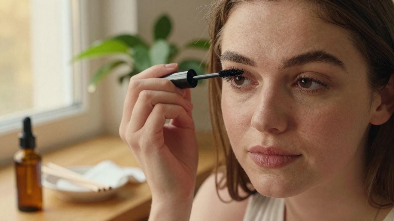 Young woman applying mascara to her eyelashes near a window with skincare products on the table behind her.