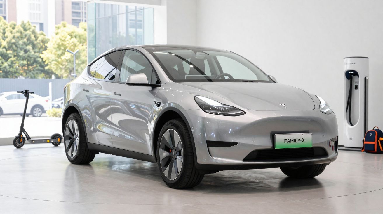 Silver Tesla Model Y electric car displayed indoors near a charging station and electric scooter.