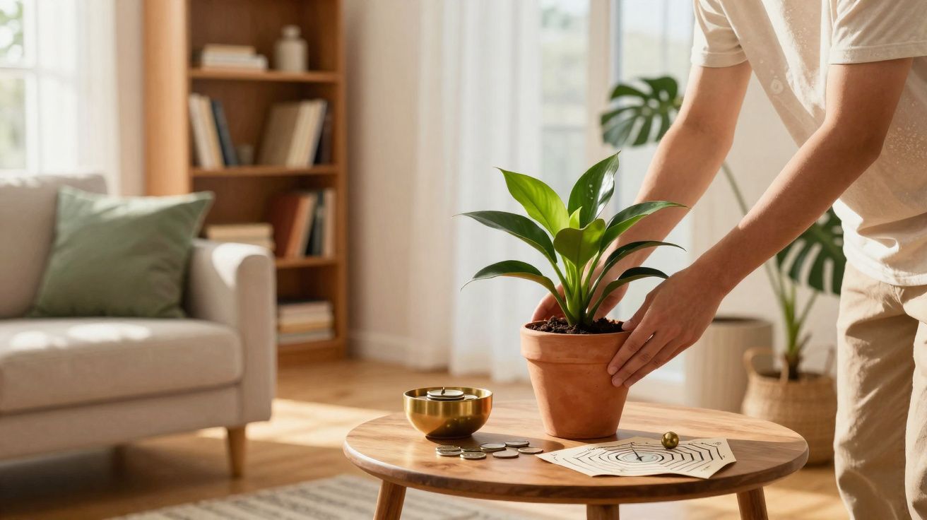 Person placing a green potted plant on a wooden coffee table in a sunlit living room