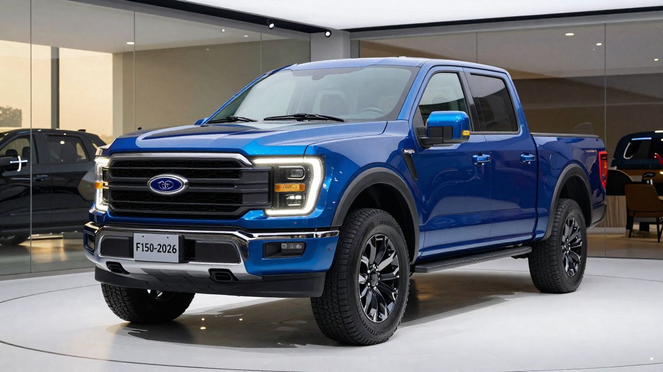 Blue Ford F-150 pickup truck displayed indoors on a white platform with reflective glass walls.