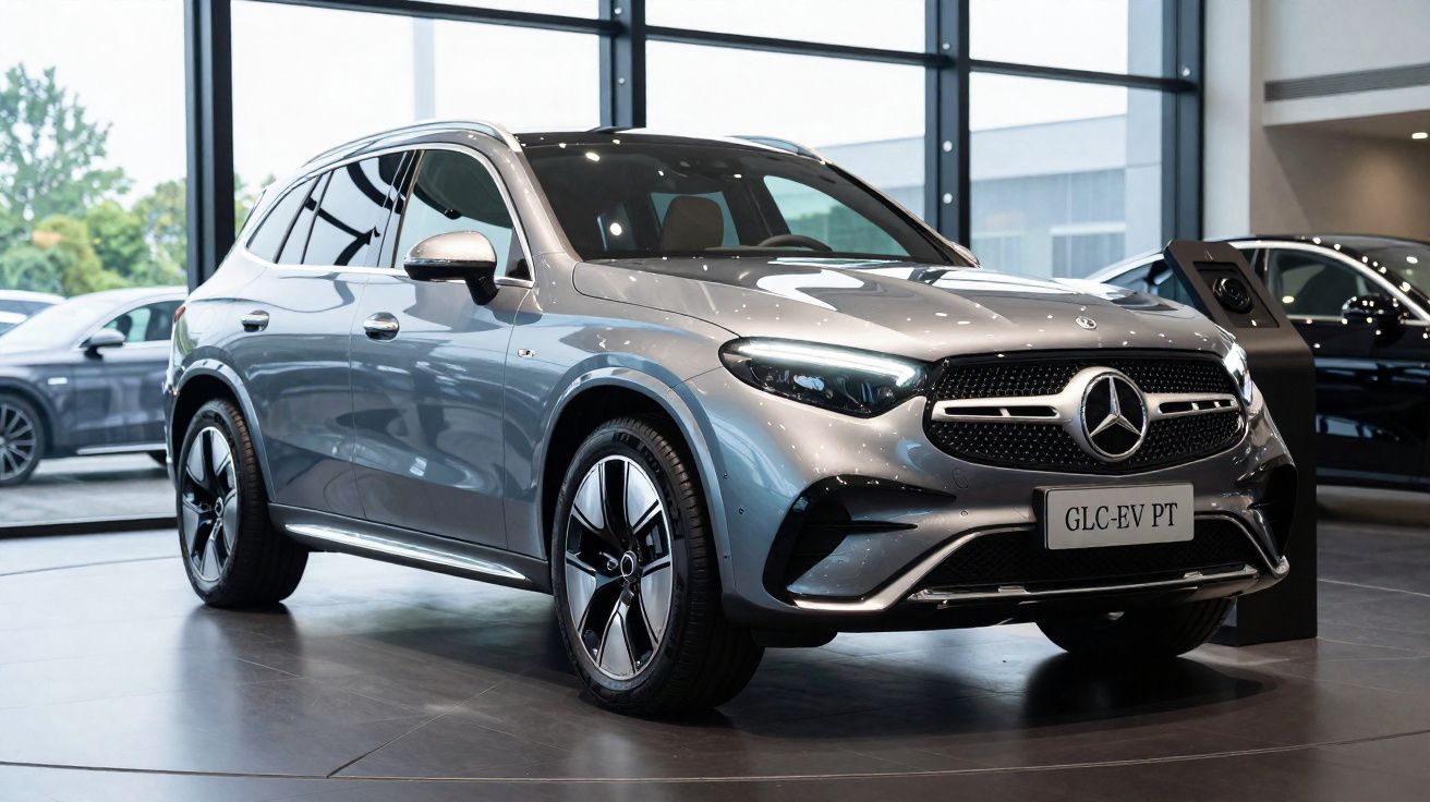 Silver Mercedes-Benz GLC-EV SUV displayed indoors with large windows and polished floor.