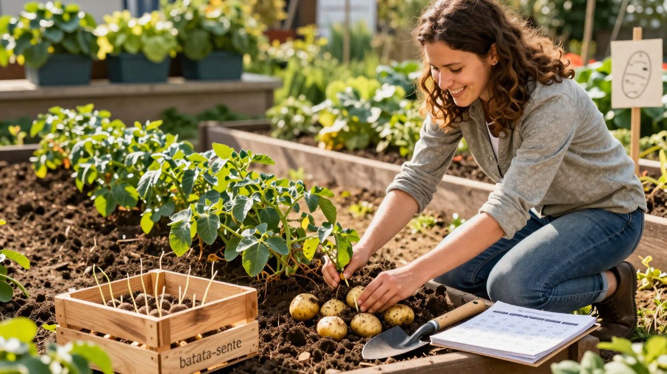 Woman harvesting potatoes in a garden, placing them next to a crate labelled "batata-sente".