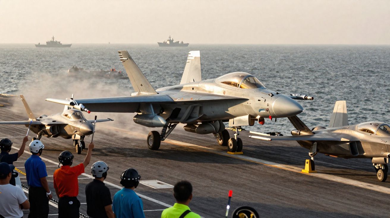 Military jet launching from aircraft carrier deck with crew observing and ships in distant sea background.