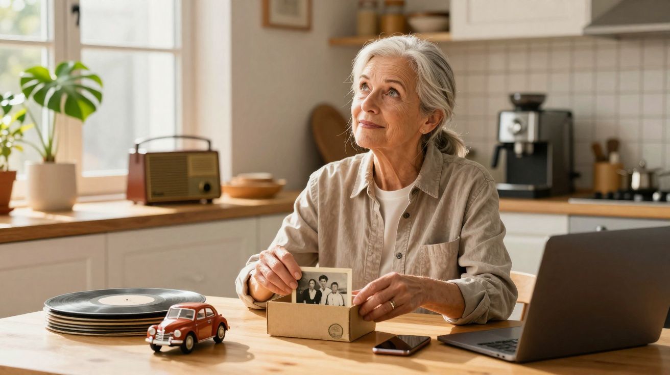 Elderly woman sitting at a kitchen table, holding a photo from a memory box, surrounded by a toy car, records, phone, and lap