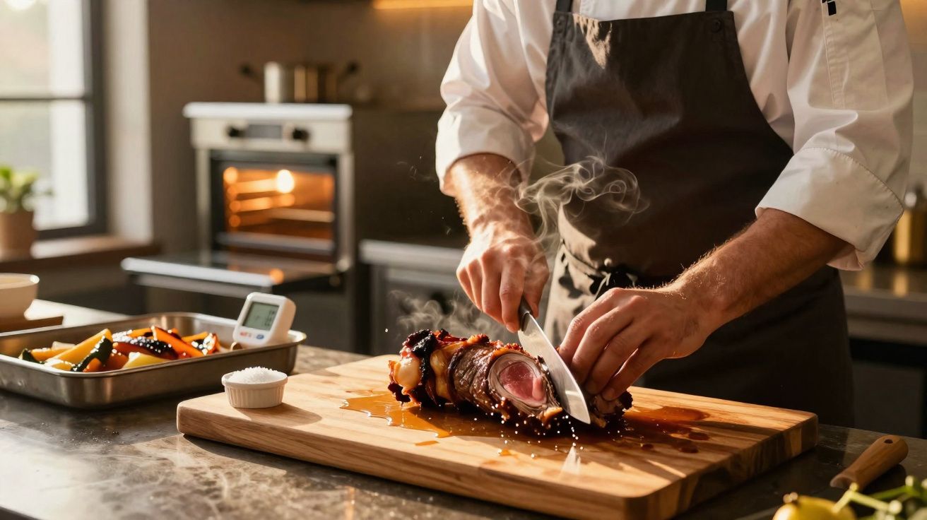 Chef slicing a hot roast on a wooden board in a kitchen with vegetables and oven in the background.