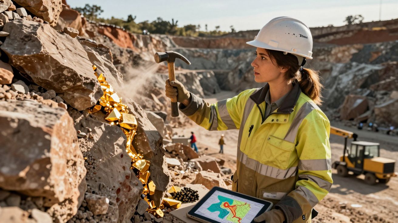Female geologist in safety gear examining gold deposits in a rocky quarry using a hammer and digital tablet.