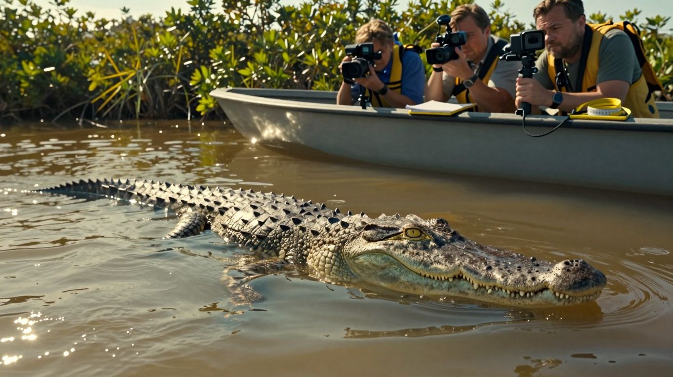 Close-up of a crocodile swimming near a boat with three men filming and photographing it in a marshy area.