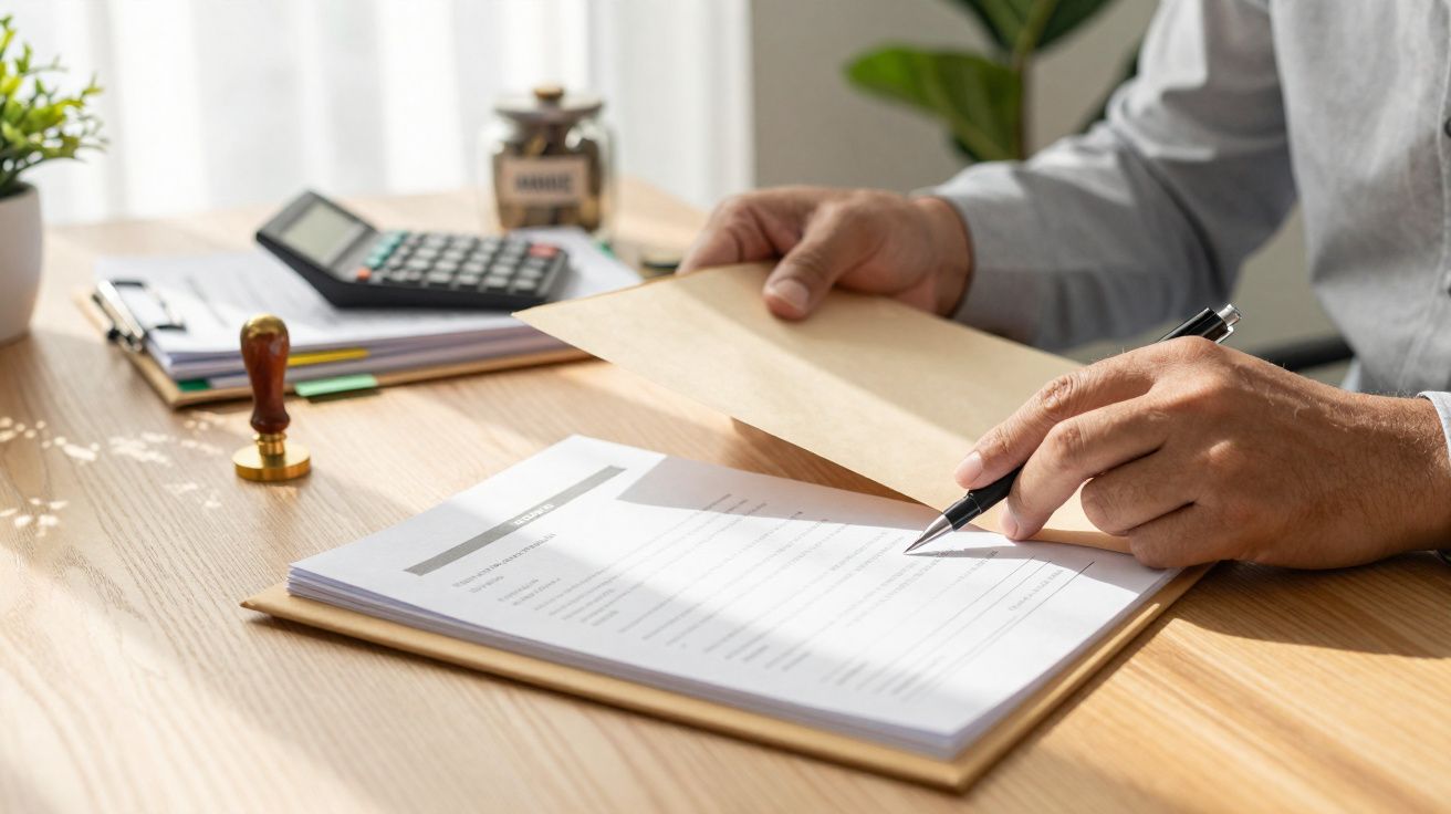 Person signing documents on a clipboard with a pen, holding a brown envelope at a wooden desk.