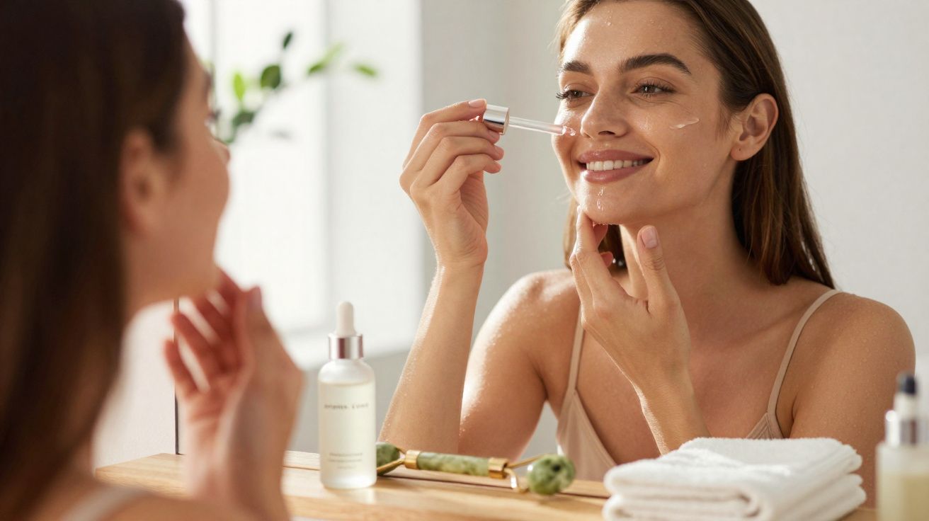 Woman applying facial serum with a dropper while looking in a mirror in a bright bathroom.