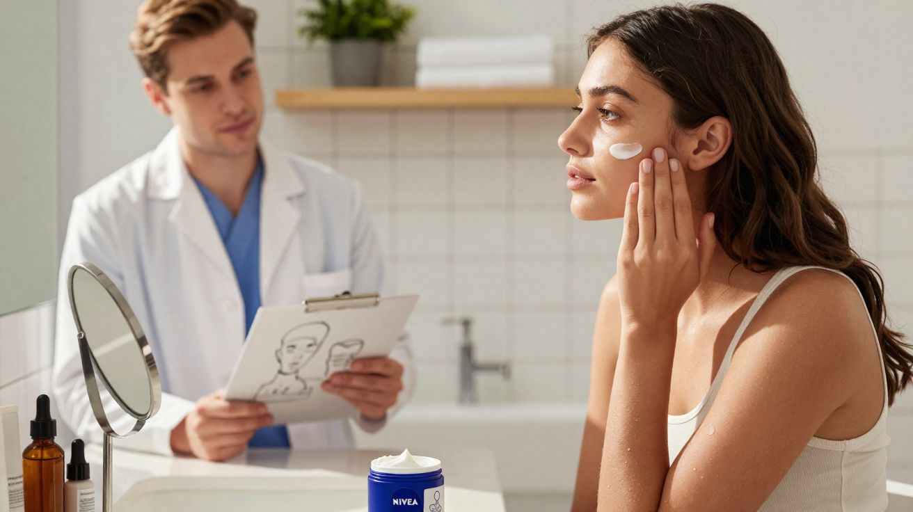 Woman applying cream to her face while a dermatologist reviews a skin chart in the background.