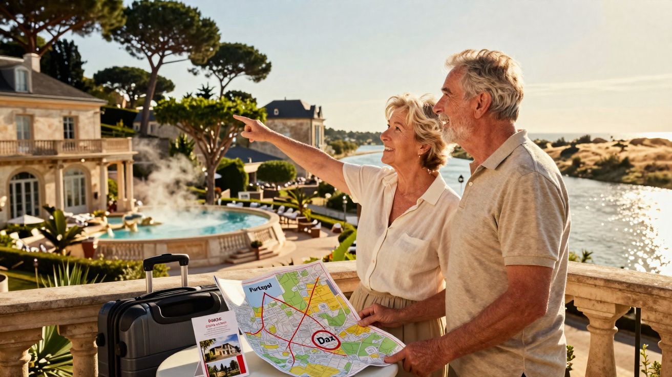 Elderly couple with map and suitcase at balcony overlooking river and luxurious villa with hot tub.