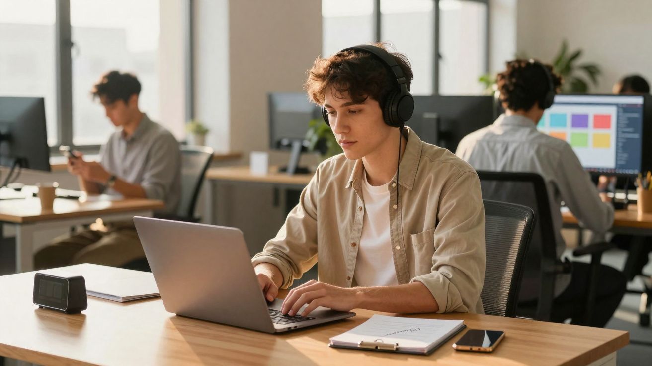 Young man wearing headphones working on a laptop in a modern office with colleagues in the background.