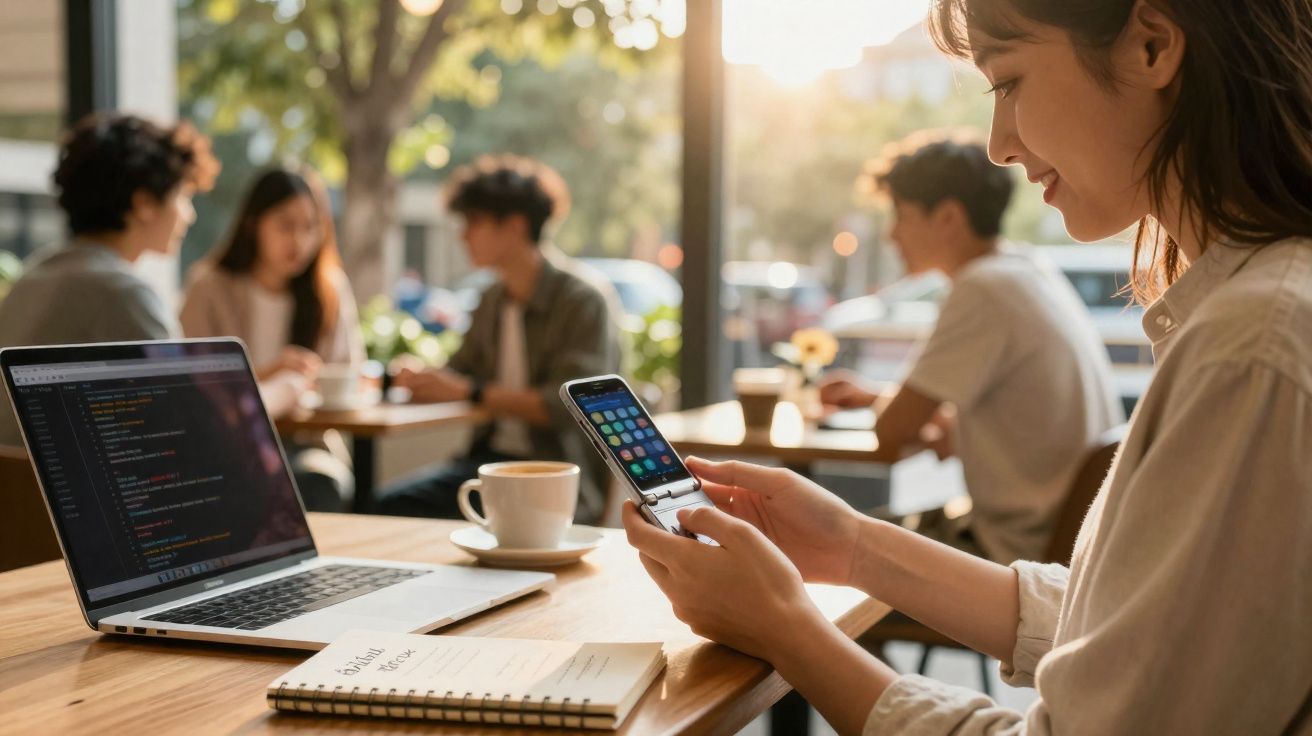 Woman using a flip smartphone at a café table with an open laptop, notebook, and coffee cup in sunlight.