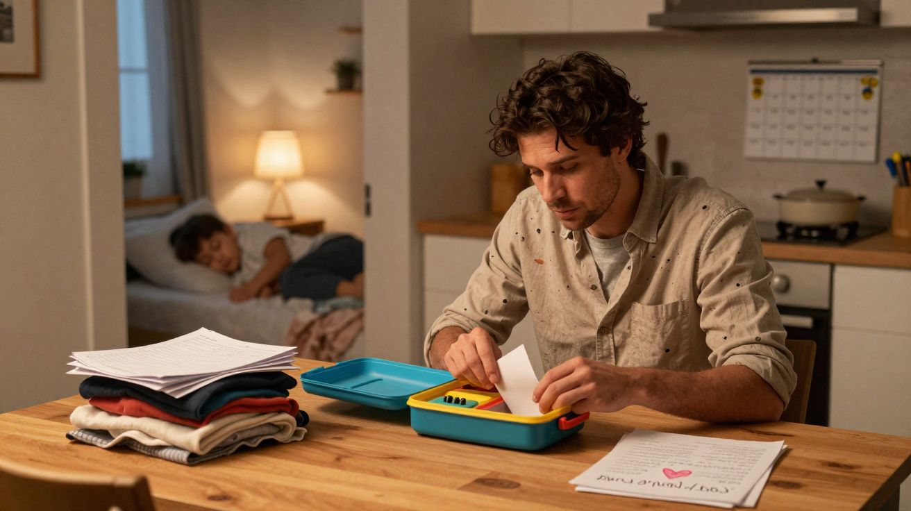 Man organising school supplies at kitchen table while child sleeps in bedroom behind him.