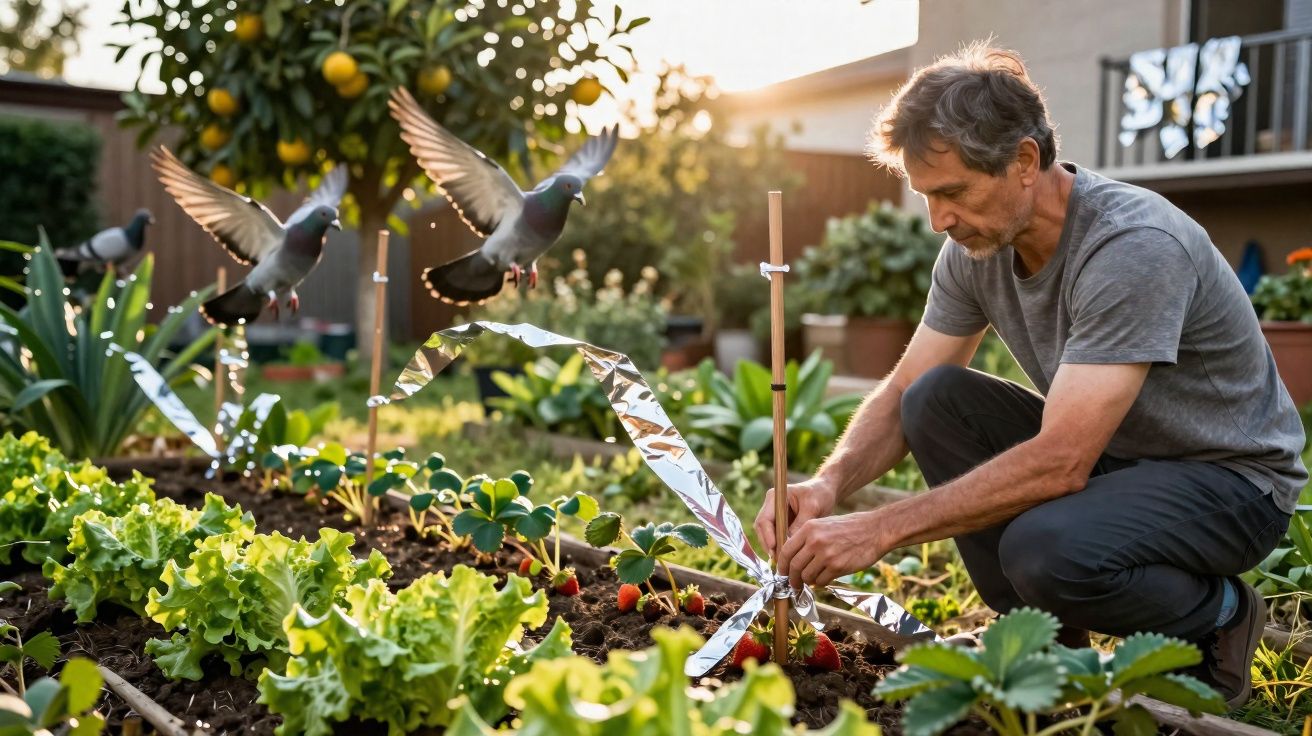 Man installing shiny bird deterrent strips in a vibrant vegetable garden with pigeons flying nearby.