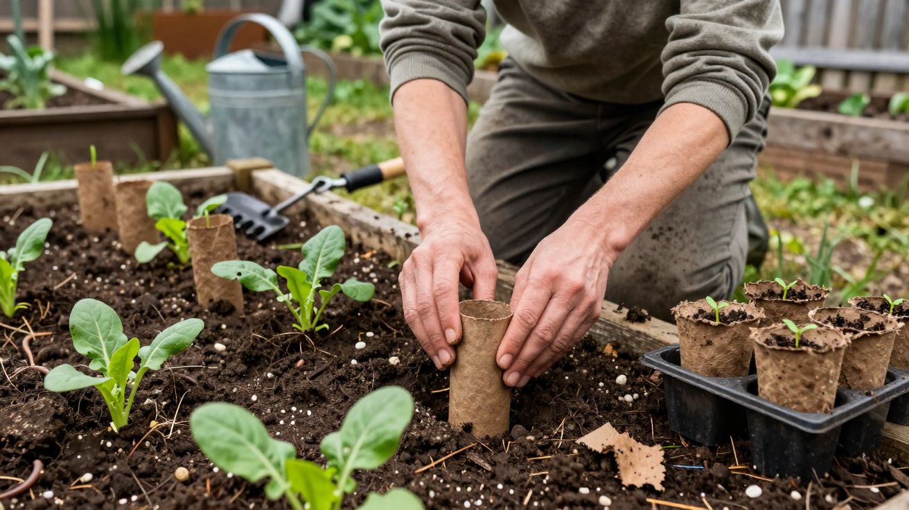Person planting seedlings in biodegradable pots in a raised garden bed with gardening tools nearby.