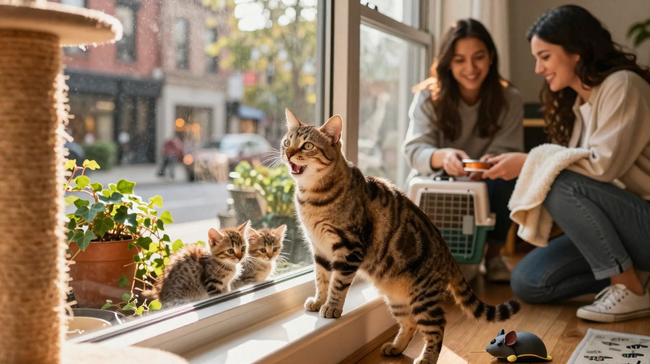Tabby cat and two kittens by window, with two women smiling and interacting in background.