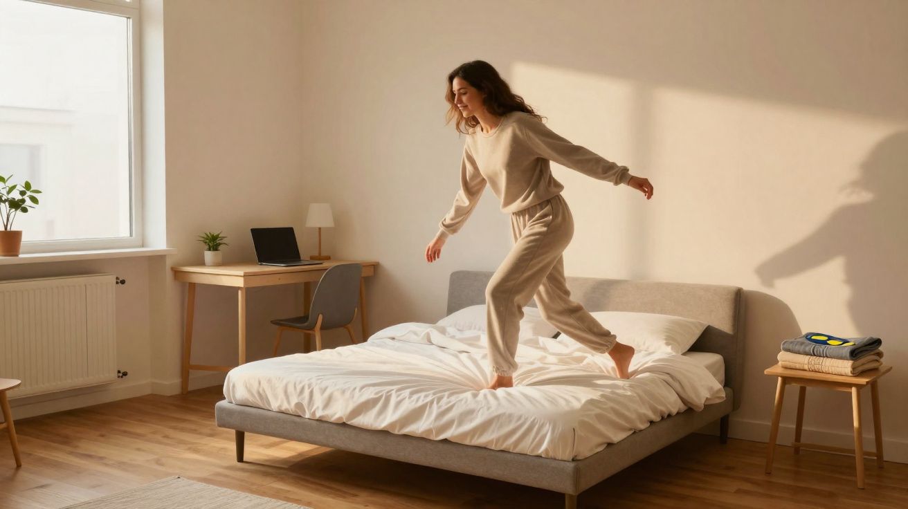 Woman in beige loungewear happily jumping on a neatly made bed in a bright, minimalistic bedroom.