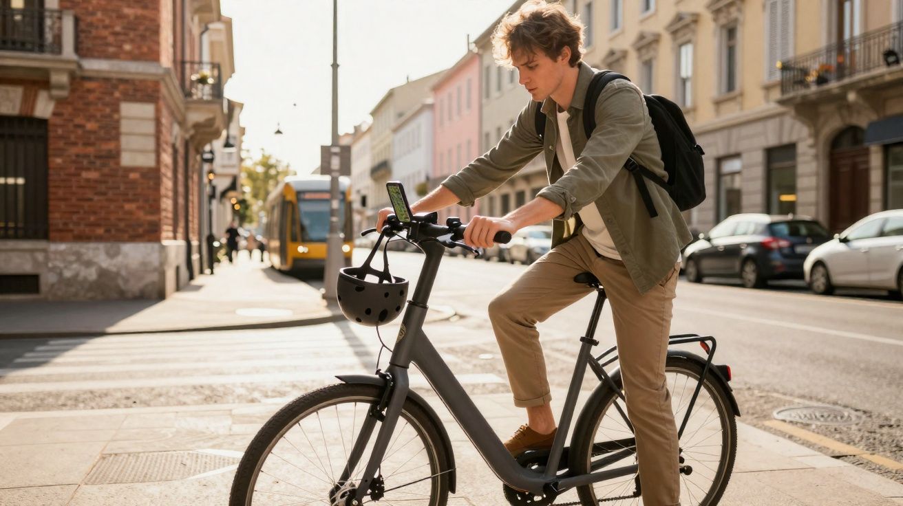 Young man with backpack checking phone on city street while sitting on electric bicycle near tram stop.
