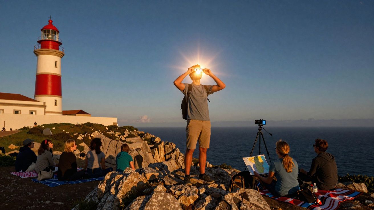 Group of people watching sunset near a red and white lighthouse on rocky coast by the sea