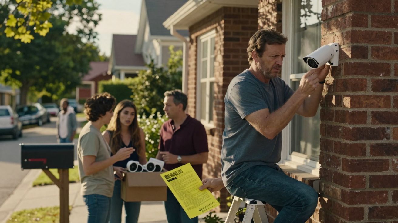 Man installs security camera on brick house while three people talk in the background holding more cameras and a notice.