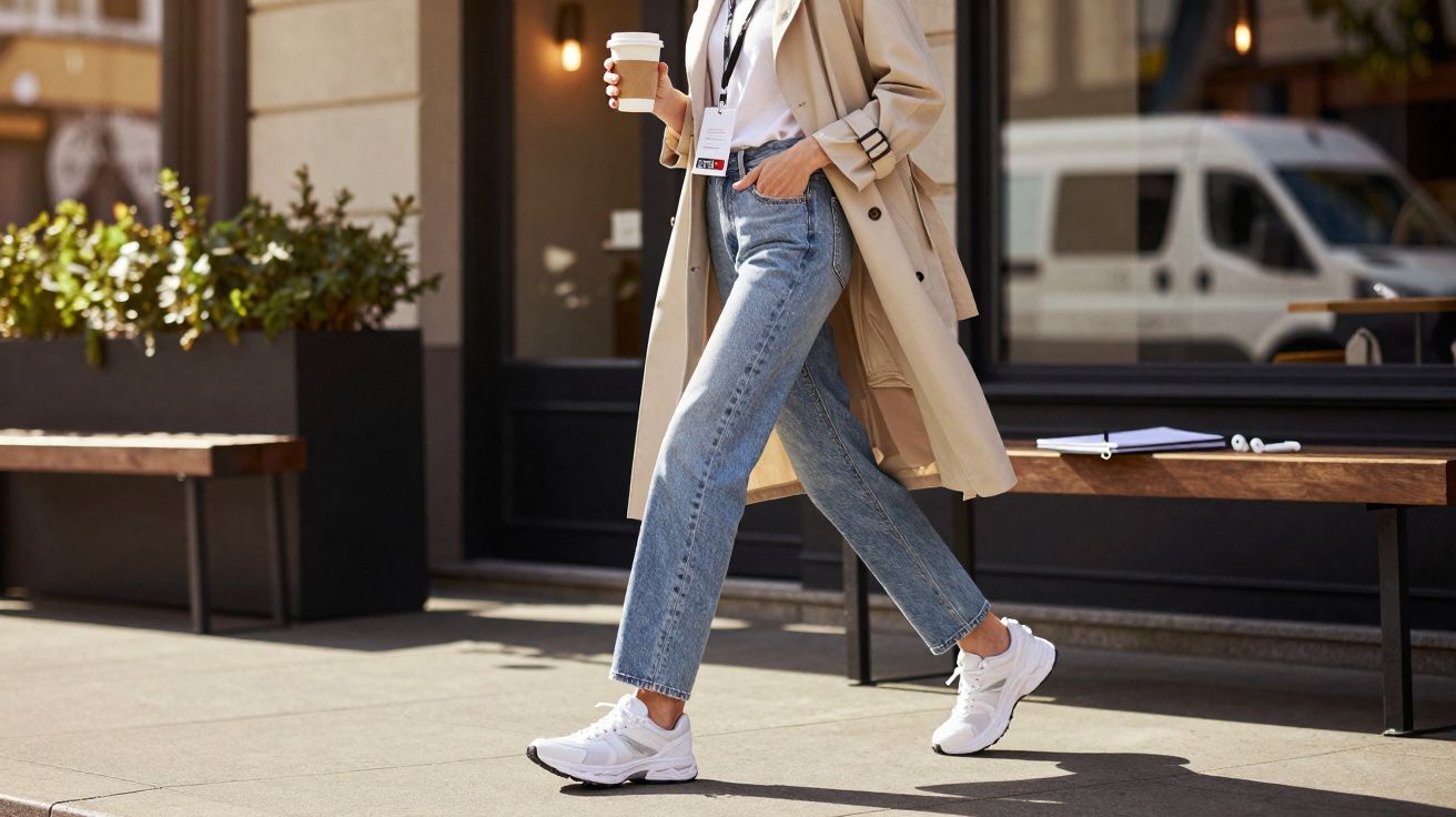Person in a beige trench coat and jeans walking outside holding a takeaway coffee cup near a bench and building.