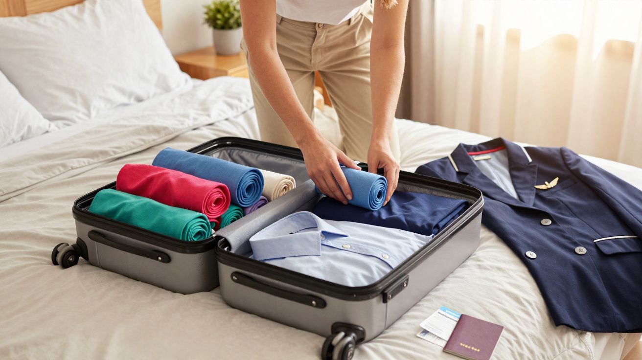 Person packing a grey suitcase with rolled clothes on a bed next to a navy uniform and travel documents.