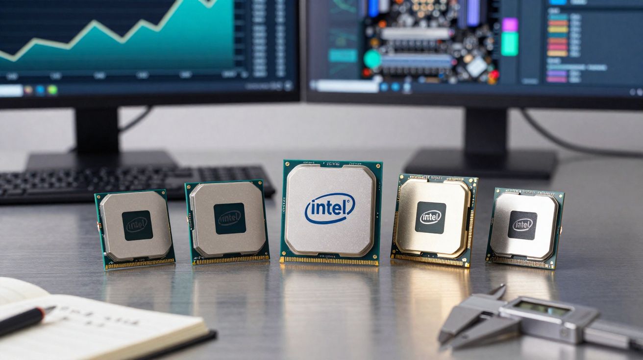 Five Intel computer processors of varying sizes displayed on a desk with monitors and office tools in the background